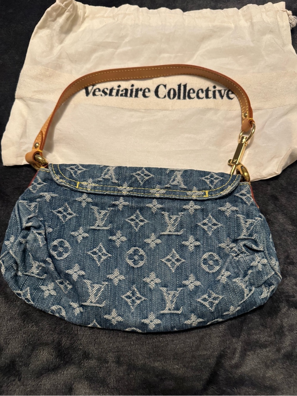 Louis Vuitton Blue Denim Monogram Shoulder Pochette with Tan Leather Strap - Picture 2 of 9
